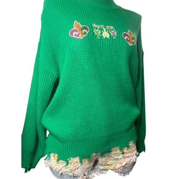 Green Mardi Gras Oversized Distressed Sweater, Size: Small - Picture 5 of 8